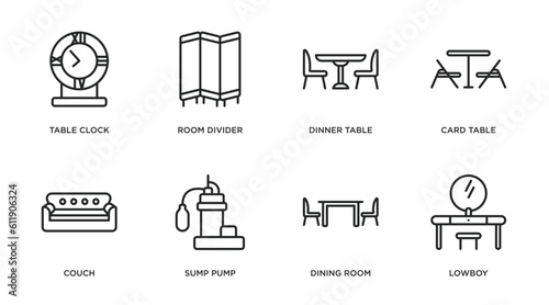 furniture & household outline icons set. thin line icons such as table clock, room divider, dinner table, card table, couch, sump pump, dining room, lowboy vector.