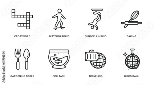 free time outline icons set. thin line icons such as crossword, skateboarding, bungee jumping, baking, gardening tools, fish tank, traveling, disco ball vector.