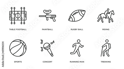 free time outline icons set. thin line icons such as table football, paintball, rugby ball, riding, sports, concert, running man, trekking vector.