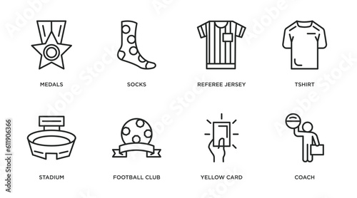 football outline icons set. thin line icons such as medals, socks, referee jersey, tshirt, stadium, football club, yellow card, coach vector.