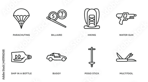 free time outline icons set. thin line icons such as parachuting, billiard, hiking, water gun, ship in a bottle, buggy, pogo stick, multitool vector.