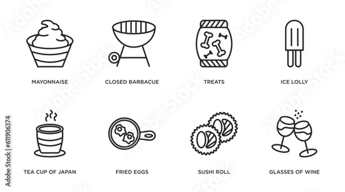 food outline icons set. thin line icons such as mayonnaise, closed barbacue, treats, ice lolly, tea cup of japan, fried eggs, sushi roll, glasses of wine vector.