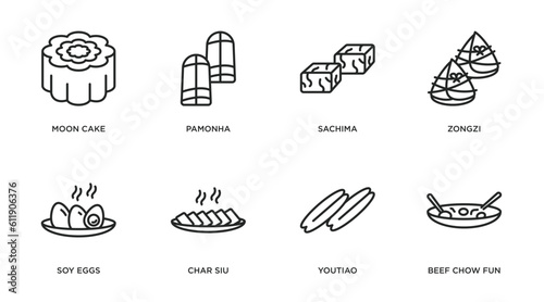 food and restaurant outline icons set. thin line icons such as moon cake, pamonha, sachima, zongzi, soy eggs, char siu, youtiao, beef chow fun vector.