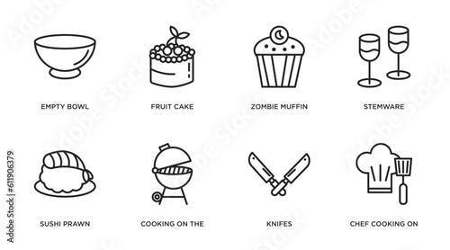 food outline icons set. thin line icons such as empty bowl, fruit cake, zombie muffin, stemware, sushi prawn, cooking on the, knifes, chef cooking on stove vector.