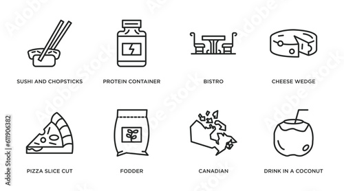 food outline icons set. thin line icons such as sushi and chopsticks, protein container, bistro, cheese wedge, pizza slice cut, fodder, canadian, drink in a coconut vector. photo