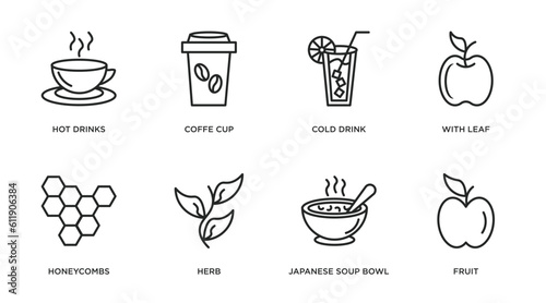 food outline icons set. thin line icons such as hot drinks, coffe cup, cold drink, with leaf, honeycombs, herb, japanese soup bowl, fruit vector.