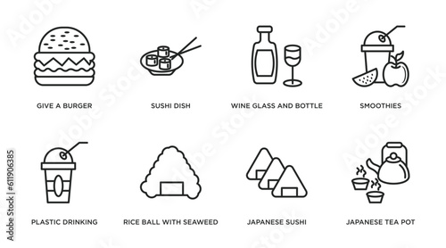 food outline icons set. thin line icons such as give a burger, sushi dish, wine glass and bottle, smoothies, plastic drinking cup, rice ball with seaweed, japanese sushi, japanese tea pot vector.
