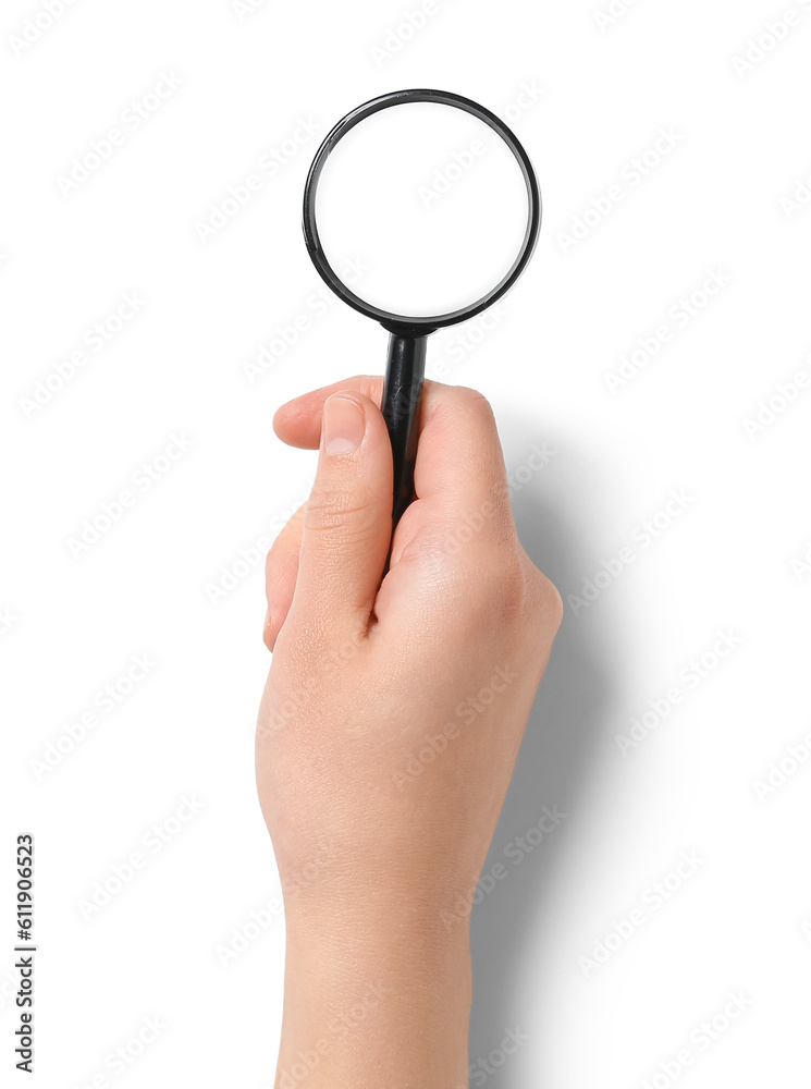 Female hand with mini magnifier isolated on white background Female hand with mini magnifier isolated on white background