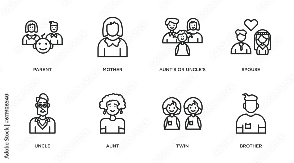 family relations outline icons set. thin line icons such as parent, mother, aunt's or uncle's child, spouse, uncle, aunt, twin, brother vector.