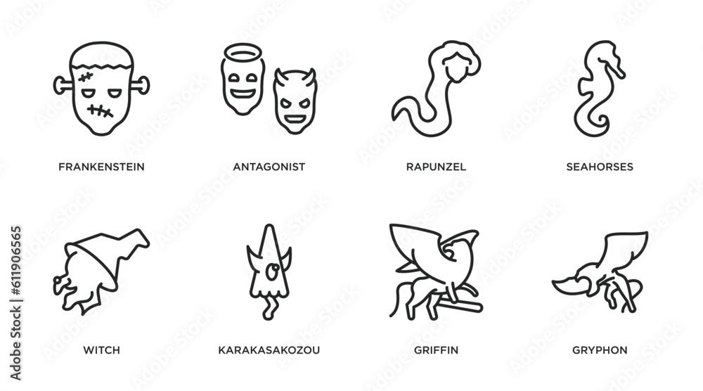 fairy tale outline icons set. thin line icons such as frankenstein, antagonist, rapunzel, seahorses, witch, karakasakozou, griffin, gryphon vector.