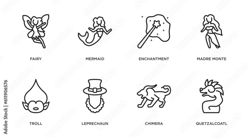 fairy tale outline icons set. thin line icons such as fairy, mermaid, enchantment, madre monte, troll, leprechaun, chimera, quetzalcoatl vector.