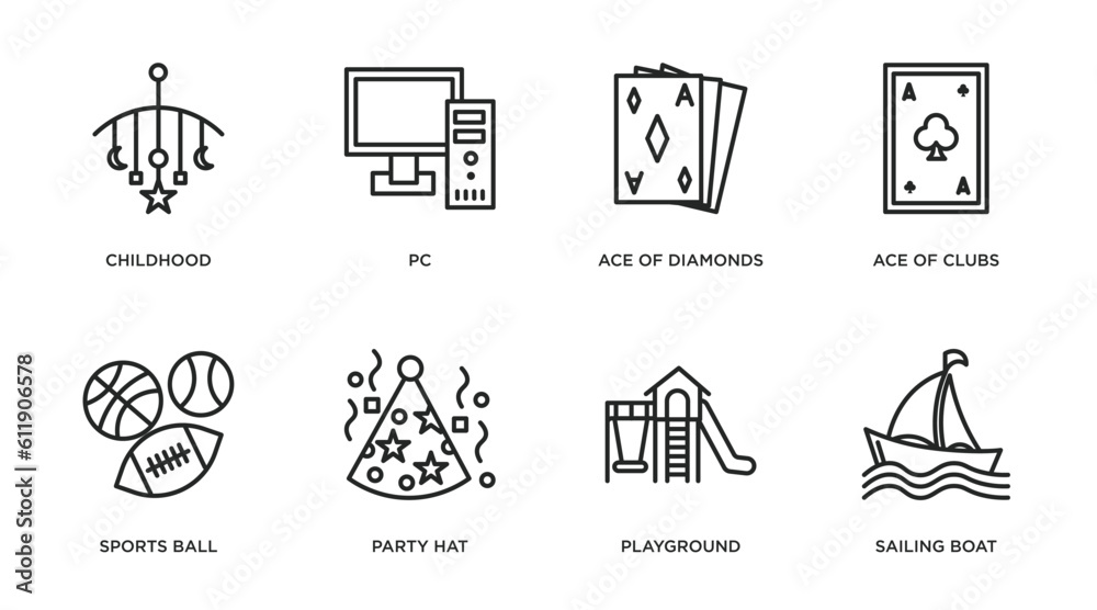 arcade outline icons set. thin line icons such as childhood, pc, ace of diamonds, ace of clubs, sports ball, party hat, playground, sailing boat vector. arcade outline icons set. thin line icons such as childhood, pc, ace of diamonds, ace of clubs, sports ball, party hat, playground, sailing boat vector.
