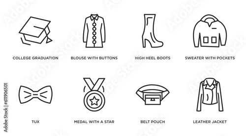 fashion outline icons set. thin line icons such as college graduation cap, blouse with buttons, high heel boots, sweater with pockets, tux, medal with a star, belt pouch, leather jacket vector.