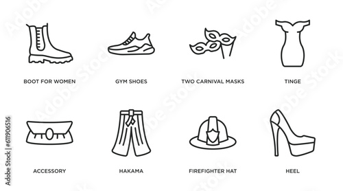 fashion outline icons set. thin line icons such as boot for women, gym shoes, two carnival masks, tinge, accessory, hakama, firefighter hat, heel vector.