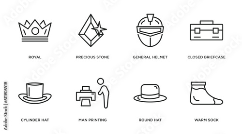 fashion outline icons set. thin line icons such as royal, precious stone, general helmet, closed briefcase, cylinder hat, man printing, round hat, warm sock vector.