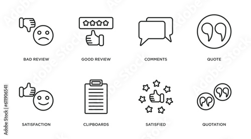 feedback outline icons set. thin line icons such as bad review, good review, comments, quote, satisfaction, clipboards, satisfied, quotation vector.