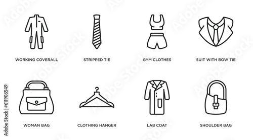 fashion outline icons set. thin line icons such as working coverall, stripped tie, gym clothes, suit with bow tie, woman bag, clothing hanger, lab coat, shoulder bag vector.