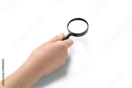 Female hand with mini magnifier isolated on white background