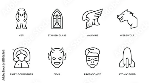 fairy tale outline icons set. thin line icons such as yeti, stained glass, valkyrie, werewolf, fairy godmother, devil, protagonist, atomic bomb vector.