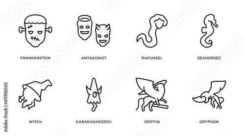 fairy tale outline icons set. thin line icons such as frankenstein, antagonist, rapunzel, seahorses, witch, karakasakozou, griffin, gryphon vector.