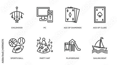 arcade outline icons set. thin line icons such as childhood, pc, ace of diamonds, ace of clubs, sports ball, party hat, playground, sailing boat vector. photo