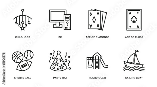 arcade outline icons set. thin line icons such as childhood, pc, ace of diamonds, ace of clubs, sports ball, party hat, playground, sailing boat vector.