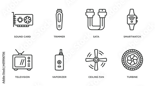 electronic devices outline icons set. thin line icons such as sound card, trimmer, sata, smartwatch, television, vaporizer, ceiling fan, turbine vector.