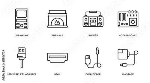 electronic devices outline icons set. thin line icons such as weighing, furnace, stereo, motherboard, usb wireless adapter, hdmi, connector, magsafe vector. photo