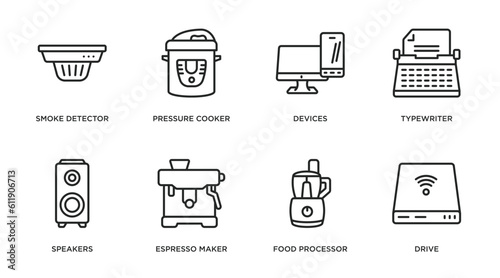 electronic devices outline icons set. thin line icons such as smoke detector, pressure cooker, devices, typewriter, speakers, espresso maker, food processor, drive vector.