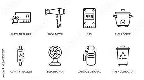 electronic devices outline icons set. thin line icons such as burglar alarm, blow dryer, ssd, rice cooker, activity tracker, electric fan, garbage disposal, trash compactor vector.