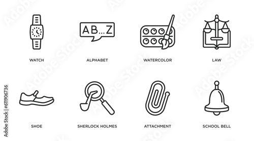 education outline icons set. thin line icons such as watch, alphabet, watercolor, law, shoe, sherlock holmes, attachment, school bell vector.