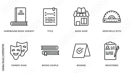 education outline icons set. thin line icons such as hardbound book variant, title, book shop, semicircle with ruler, comedy mask, books couple, booked, registered vector.
