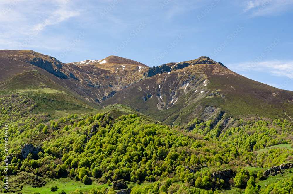 Mountain peaks in Spain national park Picos de Europa. Beautiful green hill tops full of trees and nature.