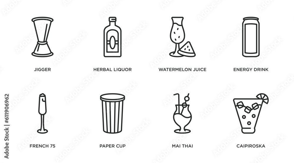 drinks outline icons set. thin line icons such as jigger, herbal liquor, watermelon juice, energy drink, french 75, paper cup, mai thai, caipiroska vector. drinks outline icons set. thin line icons such as jigger, herbal liquor, watermelon juice, energy drink, french 75, paper cup, mai thai, caipiroska vector.