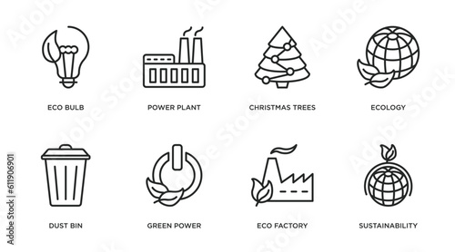 ecology outline icons set. thin line icons such as eco bulb, power plant, christmas trees, ecology, dust bin, green power, eco factory, sustainability vector.