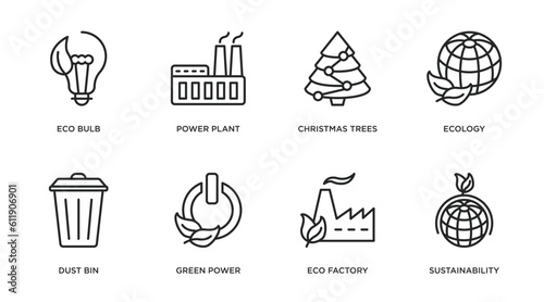 ecology outline icons set. thin line icons such as eco bulb  power plant  christmas trees  ecology  dust bin  green power  eco factory  sustainability vector.