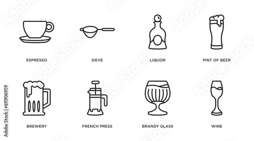 drinks outline icons set. thin line icons such as espresso, sieve, liquor, pint of beer, brewery, french press, brandy glass, wine vector.