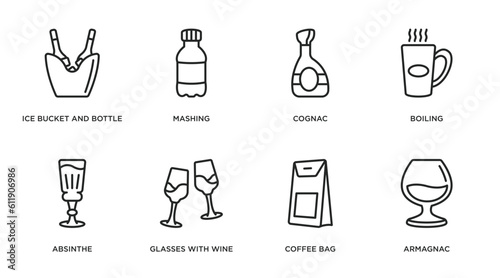drinks outline icons set. thin line icons such as ice bucket and bottle, mashing, cognac, boiling, absinthe, glasses with wine, coffee bag, armagnac vector.