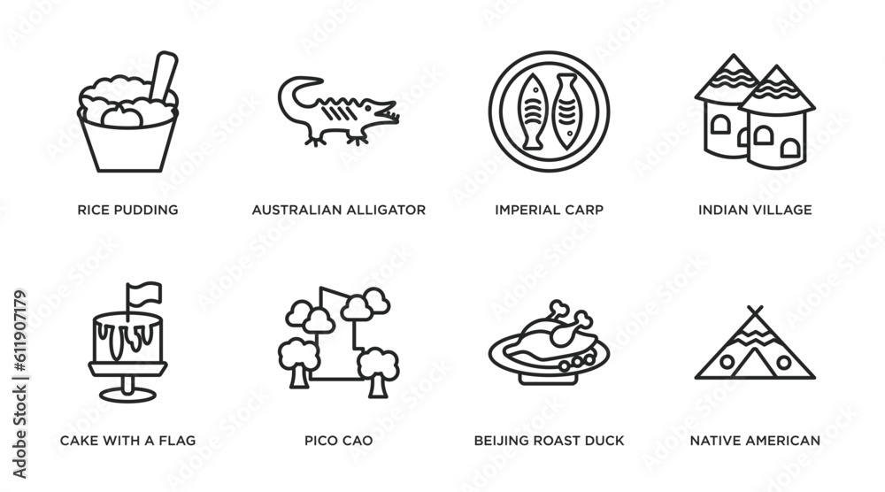 culture outline icons set. thin line icons such as rice pudding, australian alligator, imperial carp, indian village, cake with a flag, pico cao, beijing roast duck, native american wigwam vector.