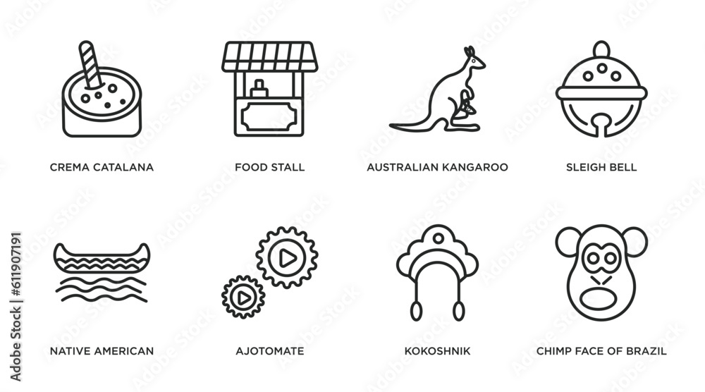 culture outline icons set. thin line icons such as crema catalana, food stall, australian kangaroo, sleigh bell, native american canoe, ajotomate, kokoshnik, chimp face of brazil vector.