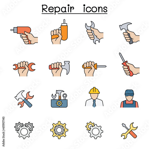 Repair, Maintenance, Service, Support color line icon set