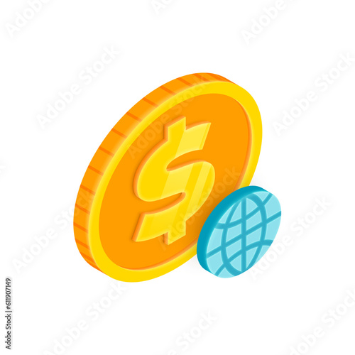 Global Payment 3D icon. Vector Isometric gold dollar coin with world sign. Global money transfer, Global Investment symbol. Online currency exchange, money network, financial world technology