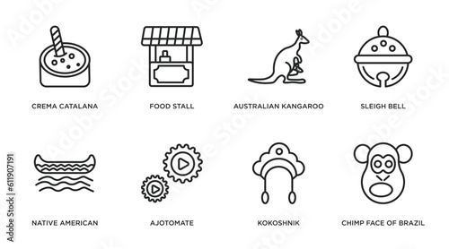 culture outline icons set. thin line icons such as crema catalana, food stall, australian kangaroo, sleigh bell, native american canoe, ajotomate, kokoshnik, chimp face of brazil vector.