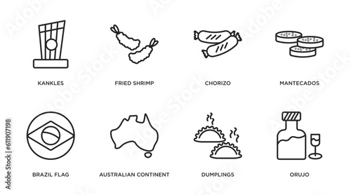 culture outline icons set. thin line icons such as kankles, fried shrimp, chorizo, mantecados, brazil flag, australian continent, dumplings, orujo vector.