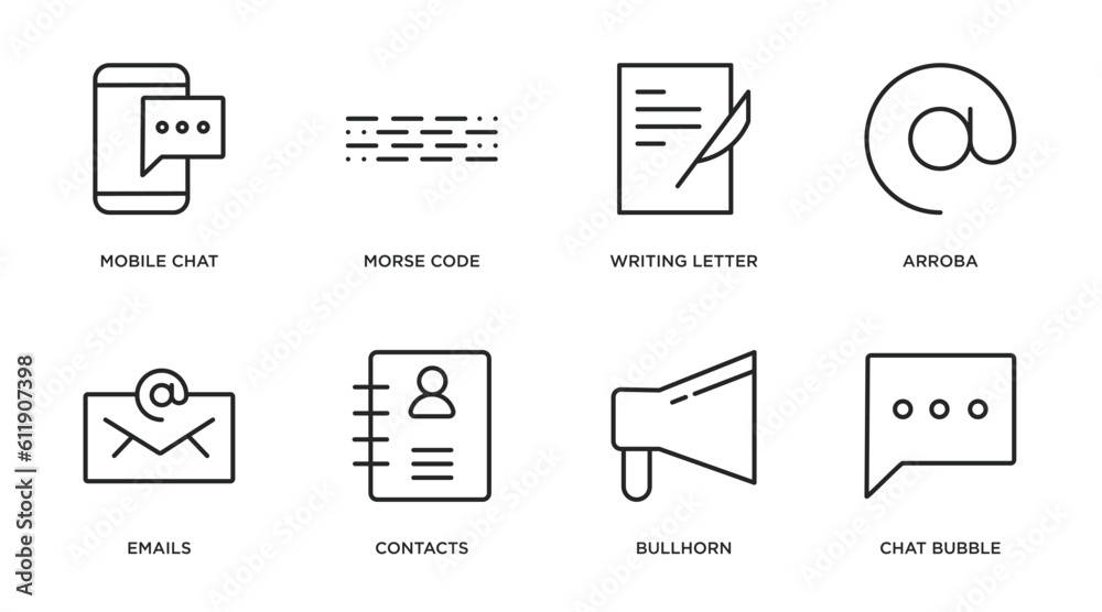 communication outline icons set. thin line icons such as mobile chat, morse code, writing letter, arroba, emails, contacts, bullhorn, chat bubble vector. communication outline icons set. thin line icons such as mobile chat, morse code, writing letter, arroba, emails, contacts, bullhorn, chat bubble vector.