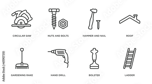 construction tools outline icons set. thin line icons such as circular saw, nuts and bolts, hammer and nail, roof, gardening rake, hand drill, bolster, ladder vector.
