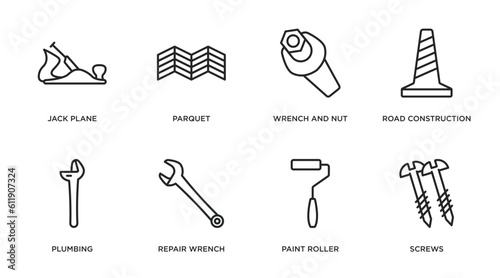 construction tools outline icons set. thin line icons such as jack plane, parquet, wrench and nut, road construction, plumbing, repair wrench, paint roller, screws vector.