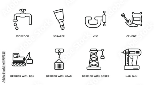 construction outline icons set. thin line icons such as stopcock, scraper, vise, cement, derrick with box, derrick with load, derrick with boxes, nail gun vector.