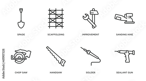 construction and tools outline icons set. thin line icons such as spade, scaffolding, improvement, sanding hine, chop saw, handsaw, solder, sealant gun vector.