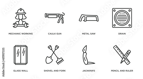 construction and tools outline icons set. thin line icons such as mechanic working, caulk gun, metal saw, drain, glass wall, shovel and fork, jackknife, pencil and ruler vector.